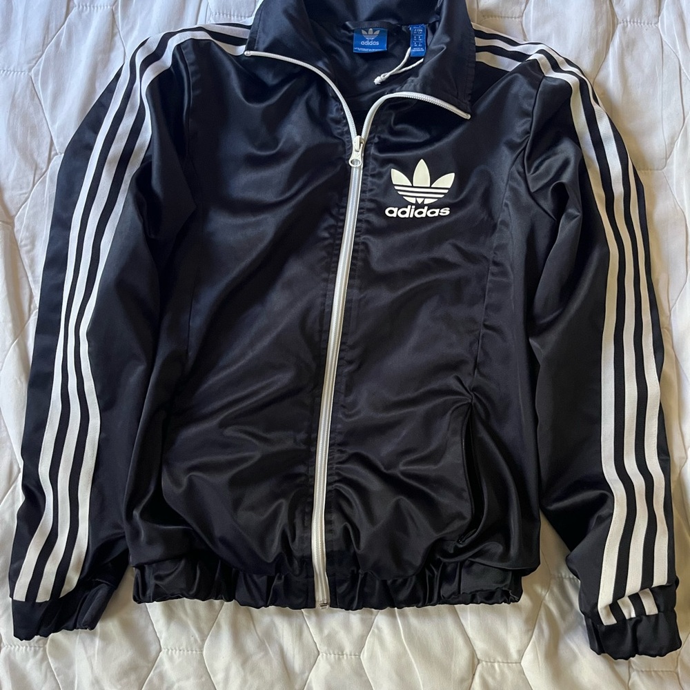 Adidas Navy SatinLook Track Jacket with White Stripes BP9399